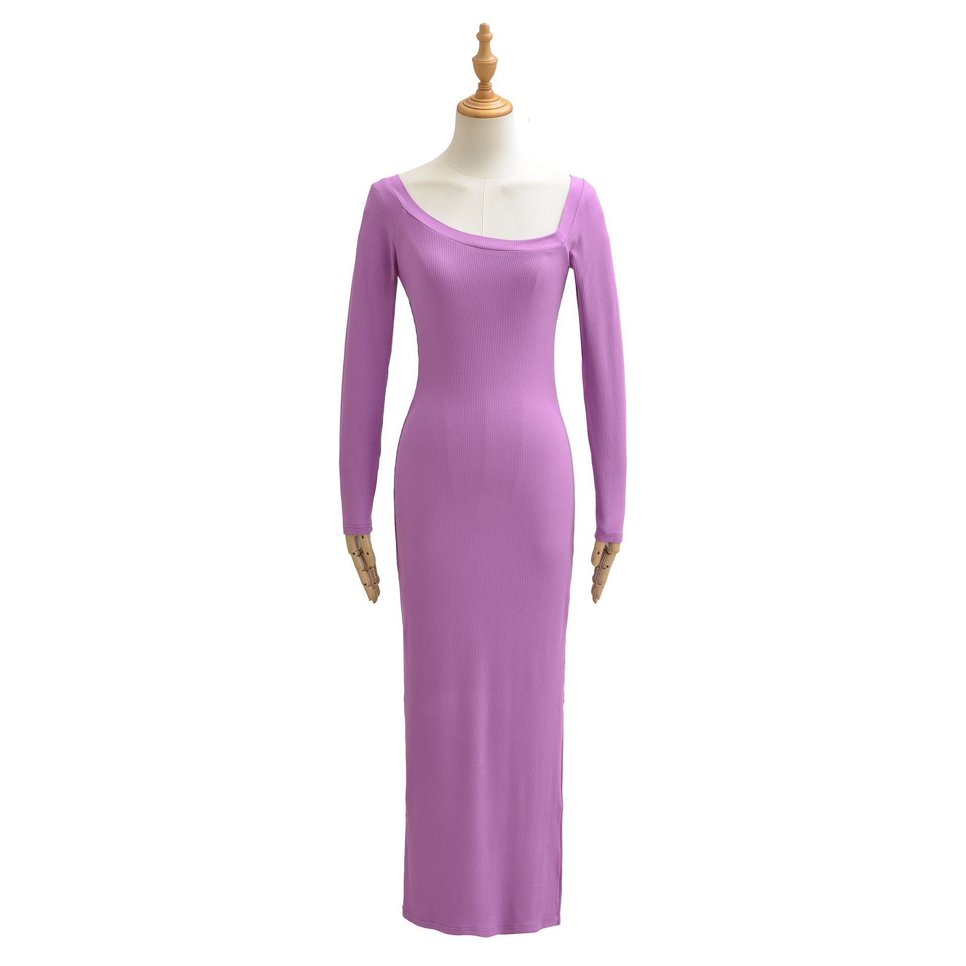 Bodycon Long Sleeve Ribbed Dress - Kadınlar için Nervürlü Elbise Kare Yaka