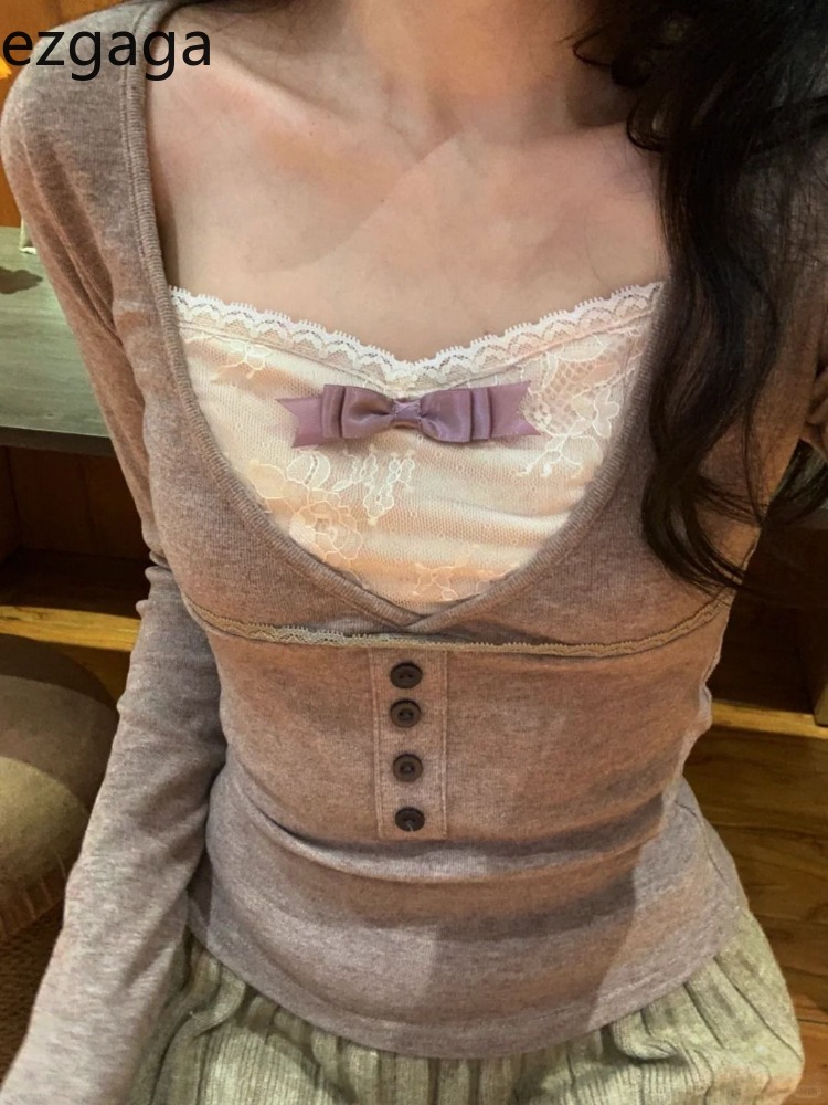 Blouses - Ezgaga T Shirt Kadın Dantel Patchwork