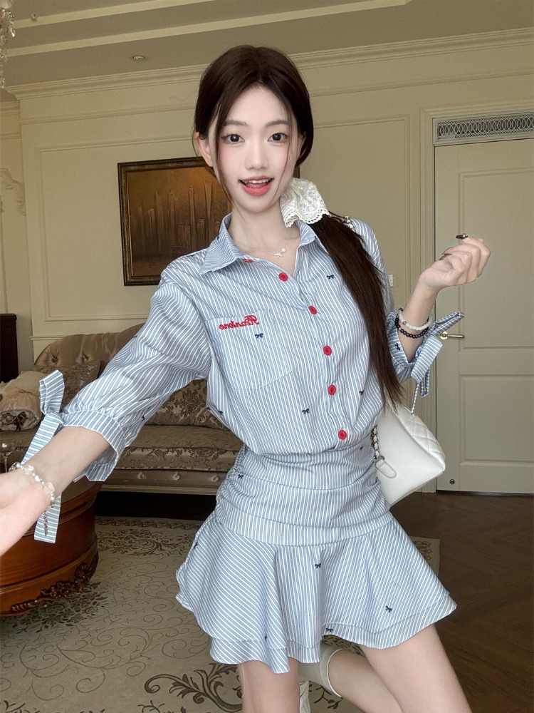 Korean Style A Line Shirt Dress - Kore Tarzı Günlük Çizgili Gömlek Elbise