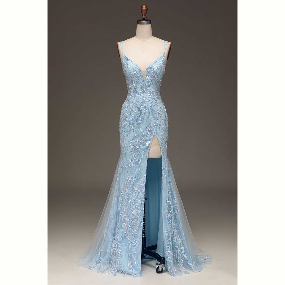 Elegant Satin Evening Gown Split - Zarif Açık Mavi Saten Kadın Akşam