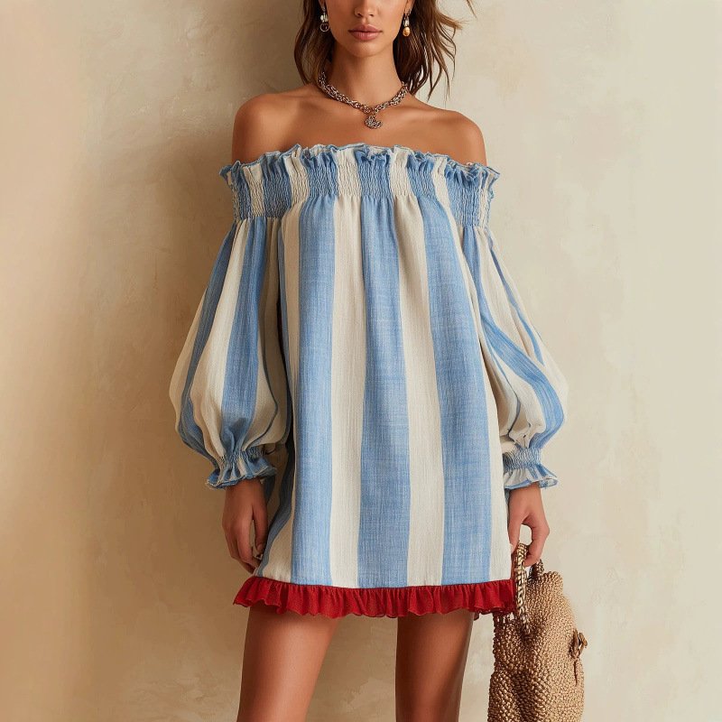 Off Shoulder Puff Sleeve Sundress - 2026 Kadınlar İçin Omuzları Açık Mavi