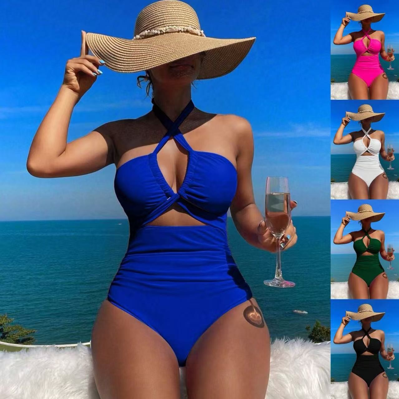 Swimwear - Kadın Mayo Halter Yaka Düz Renk
