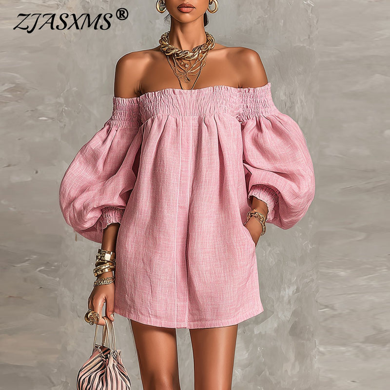 Off Shoulder Puff Sleeve Sundress - 2026 Yaz Yeni Omuzları Açık Puf
