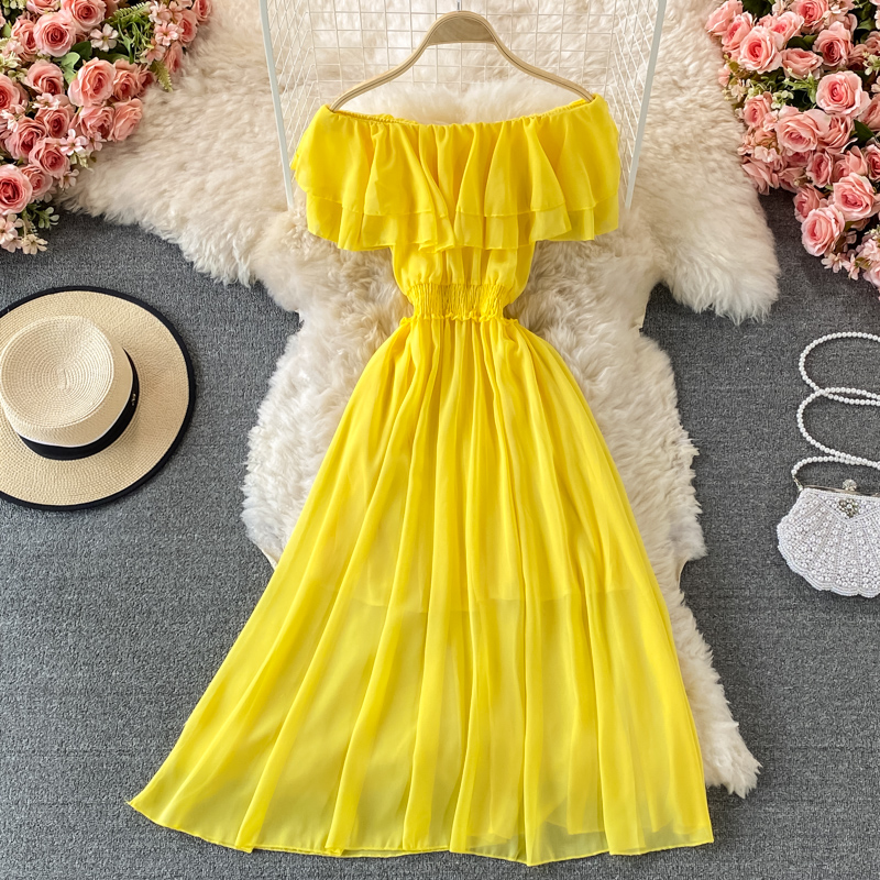 Off Shoulder Puff Sleeve Sundress - Sarı katı kadın plaj elbise kızlar