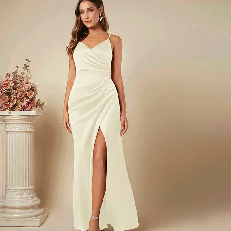 Elegant Satin Evening Gown Split - Kadınlar Zarif Saten Askı Elbise 2023