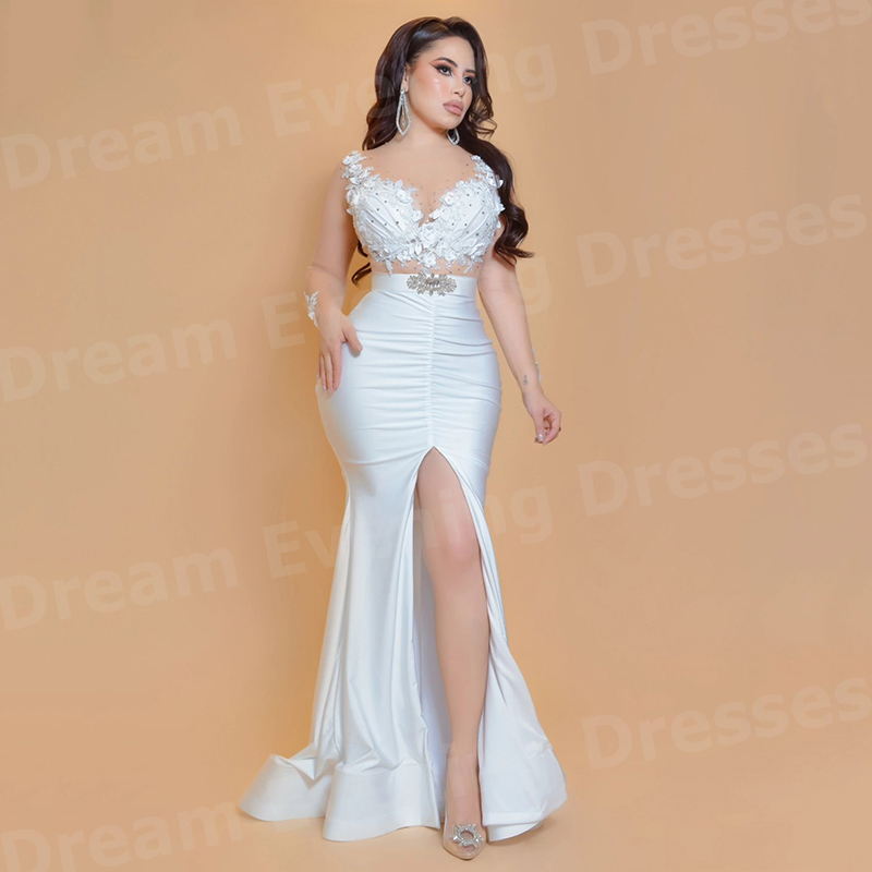 Elegant Satin Evening Gown Split - Zarif Beyaz Denizkızı Kadın Abiye Uzun