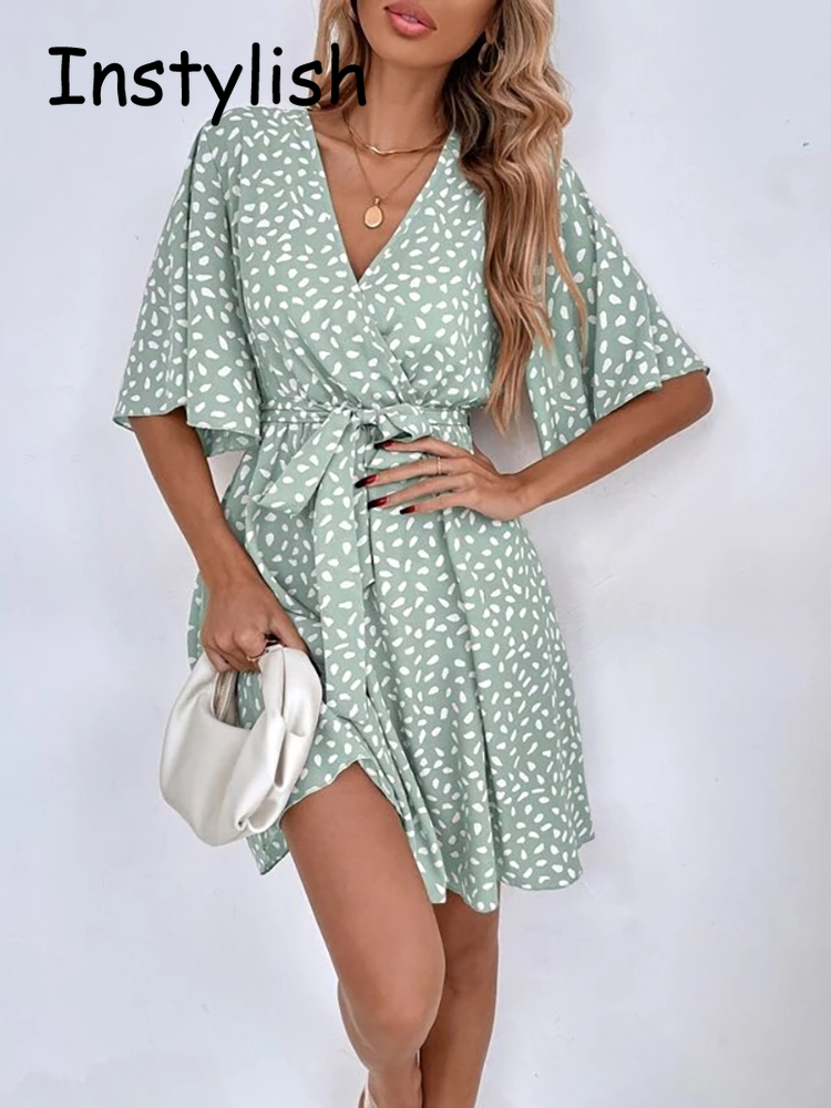 French Vintage Floral Midi Dress - Rahat nokta baskı Mini elbise kemer