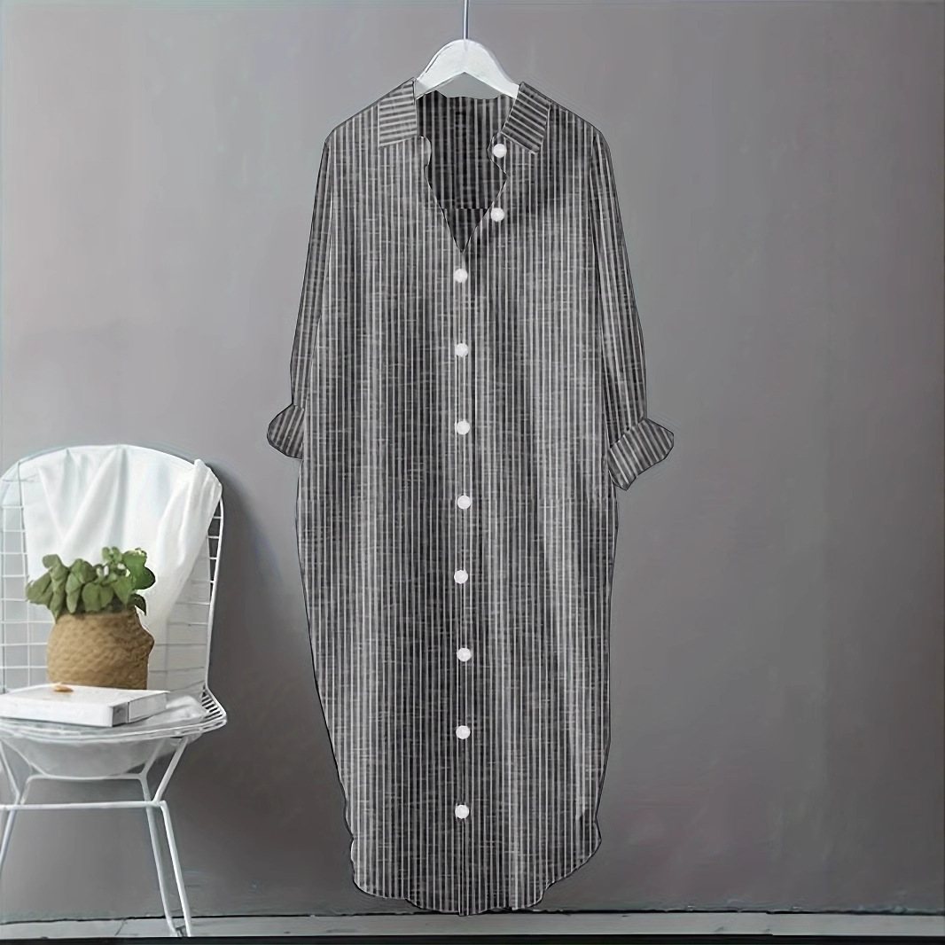 Casual Loose Linen Shirt Dress - Vintage Pamuklu Keten Çizgili Gömlek Elbise