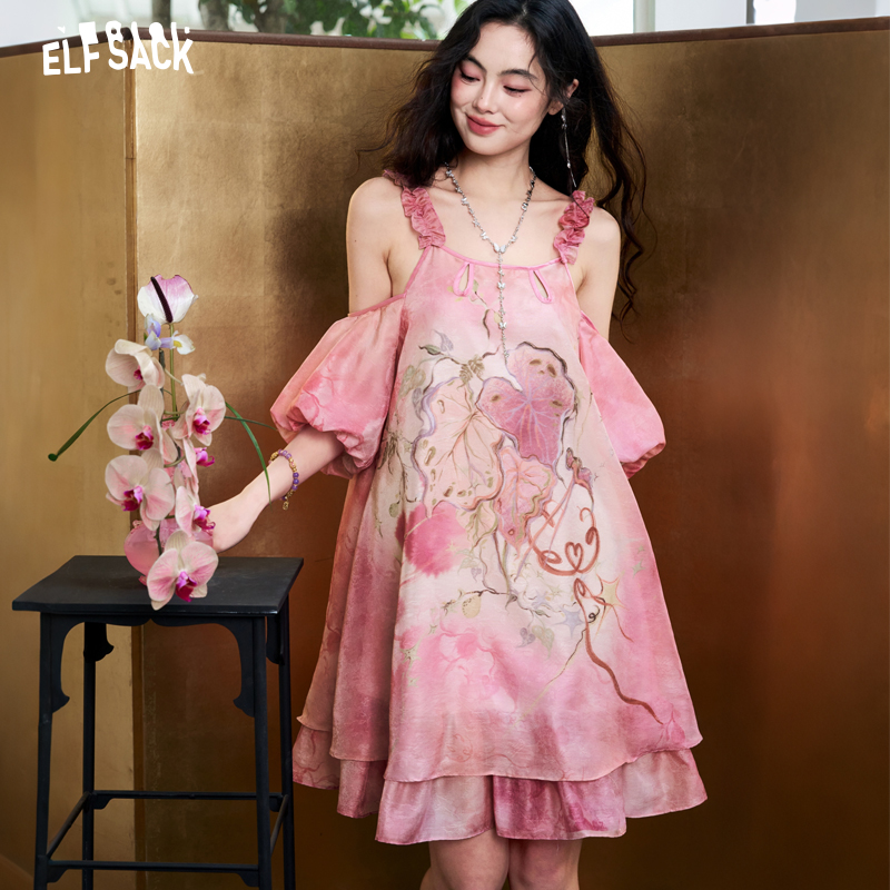 Off Shoulder Puff Sleeve Sundress - ELFSACK Kadın Tie-Dye Jakarlı Şifon Elbise,
