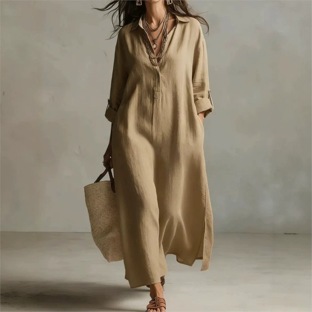 Casual Loose Linen Shirt Dress - Kadınlar için Vintage Keten Gömlek Elbise,