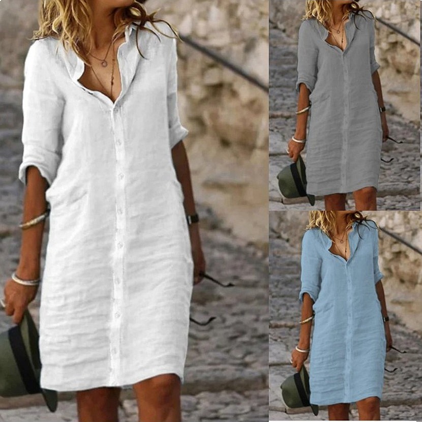 Casual Loose Linen Shirt Dress - Bol Kesim Düğmeli Midi Gömlek Elbise
