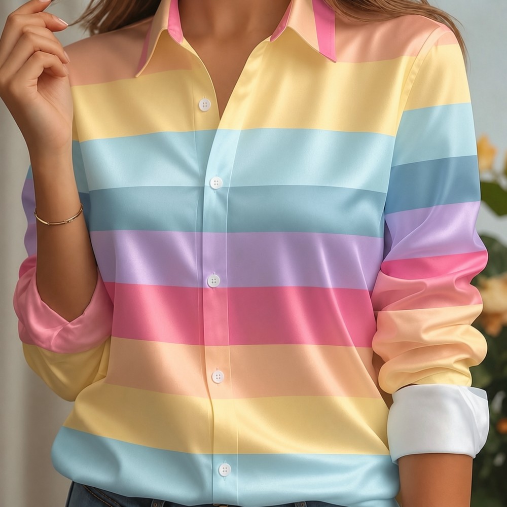Blouses - Kadın Saten Yaka Gömlek Pastel Çizgili