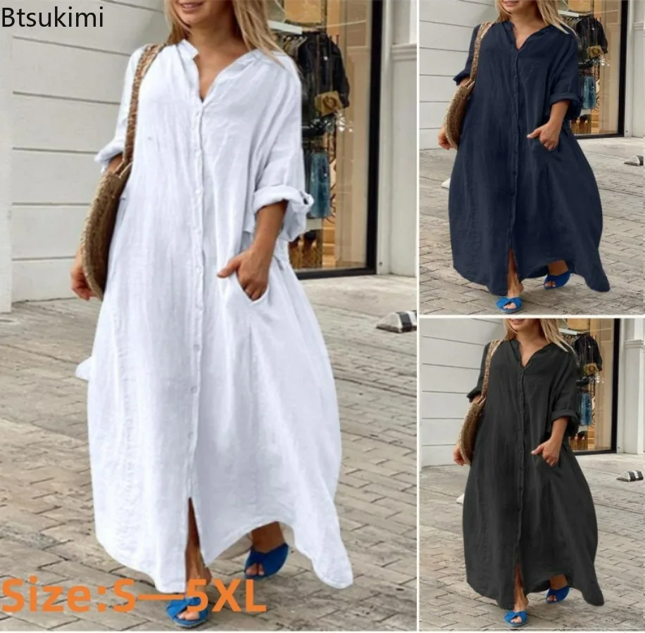Casual Loose Linen Shirt Dress - 2026 Kadın Günlük Pamuklu Keten Uzun