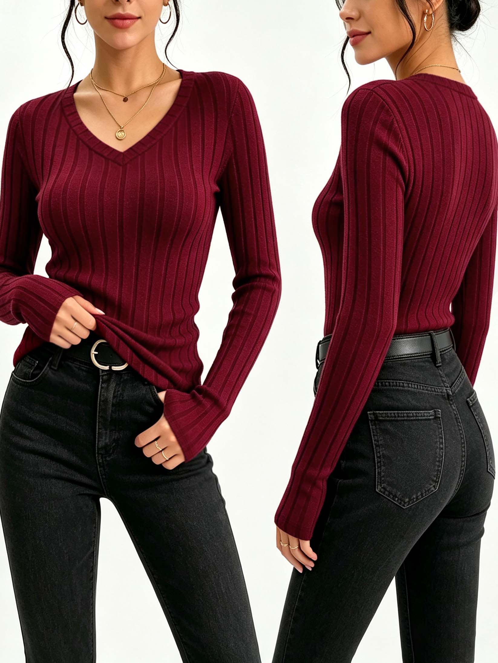 Blouses - Kadın Düz V Yaka Nervürlü Örme