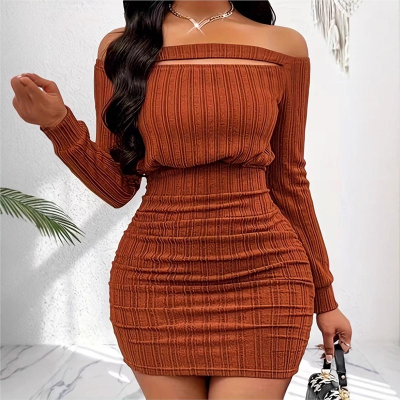 Bodycon Long Sleeve Ribbed Dress - Kadın Moda Elbise İlkbahar Sonbahar Zarif