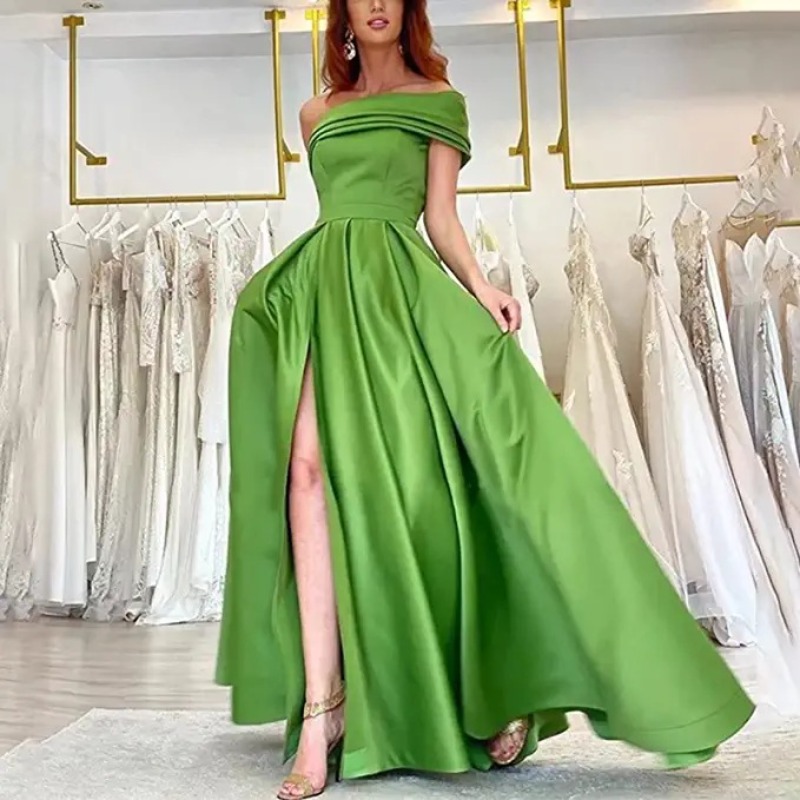 Elegant Satin Evening Gown Split - Zarif Düşük Omuzlu Saten Abiye Yüksek