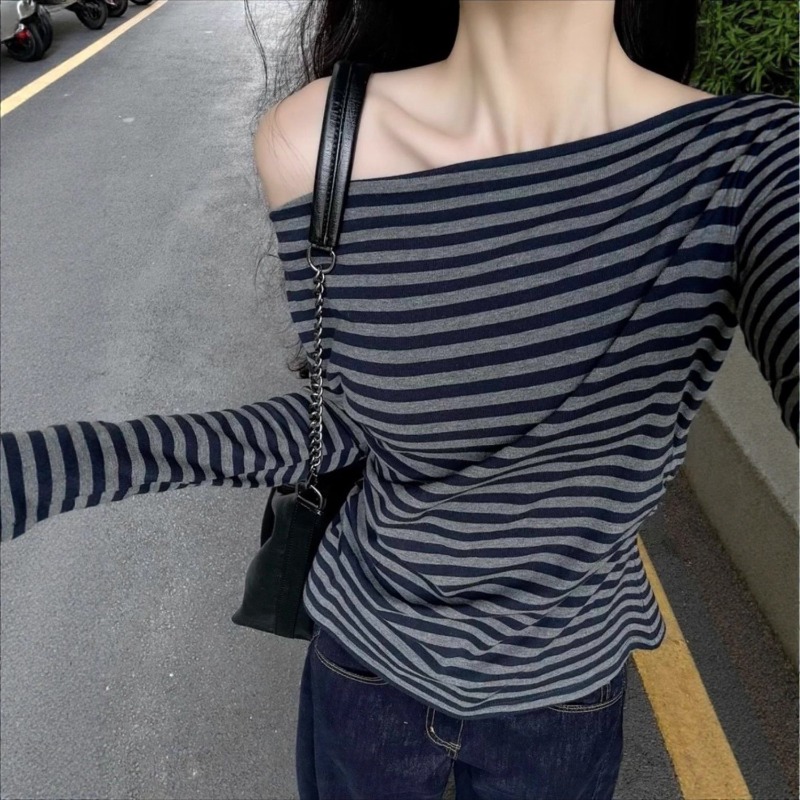 Blouses - Kadınlar Vintage Çizgili Omuzları Açık Uzun