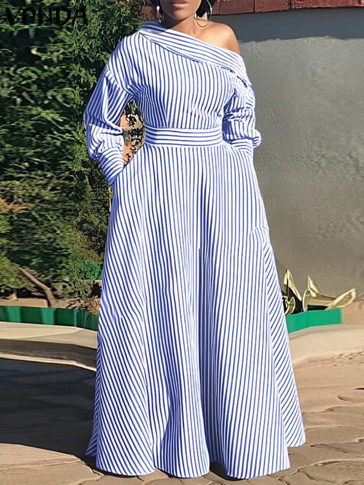 Off Shoulder Puff Sleeve Sundress - VONDA 2024 Kadınlar Zarif Çizgili Maxi