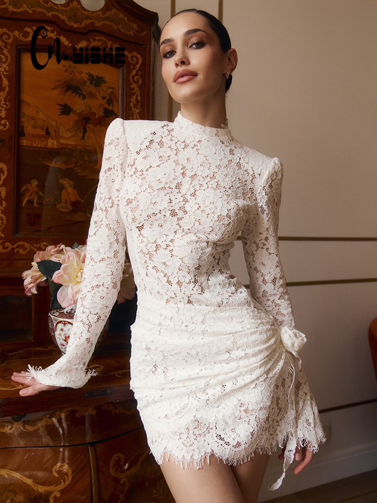 Sexy Mesh Sheer Bodycon Dress - CNYISHE Şeffaf Uzun Kollu O Boyun