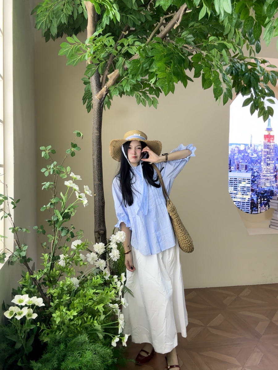 Korean Style A Line Shirt Dress - Büyük Beden Kadın Mavi Balon Kol