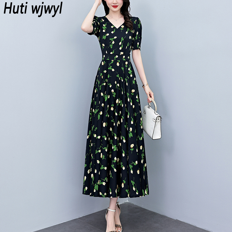 French Vintage Floral Midi Dress - Yazlık Kısa Kollu Vücuda Oturan Uzun