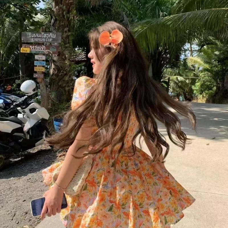 Off Shoulder Puff Sleeve Sundress - 2026 yeni turuncu çiçek desenli omuzları