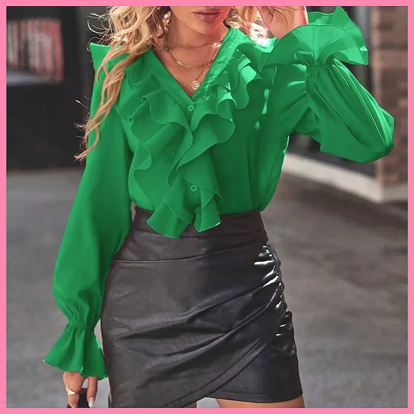 Blouses - 2025 Moda V Yaka Fırfırlı Geniş