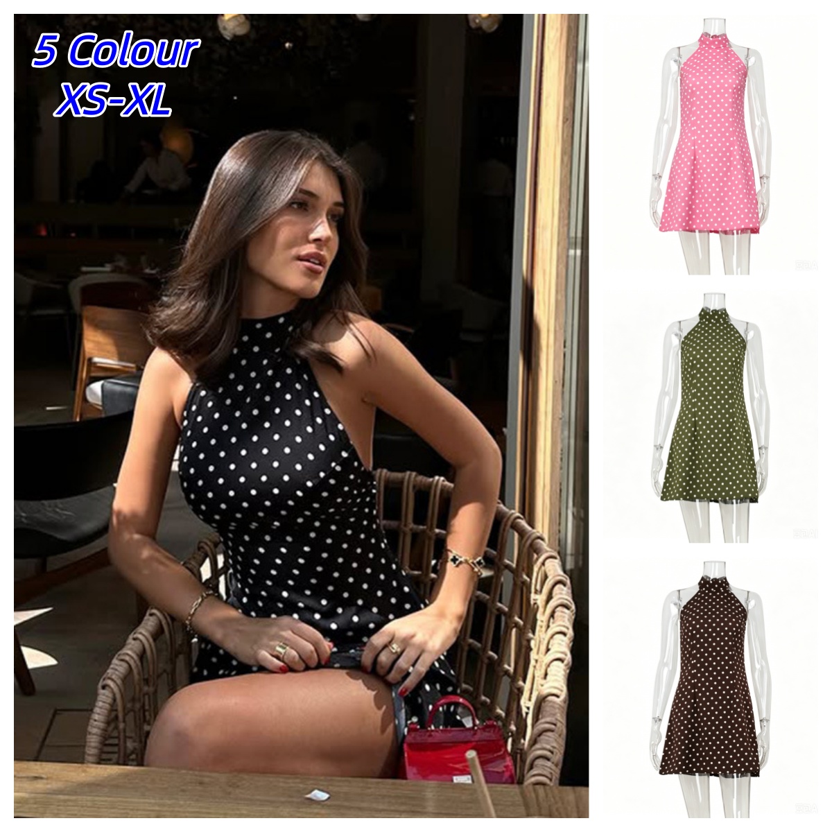 Y2K Backless Halter Mini Dress - Y2K Seksi Retro Puantiyeli Baskı boyundan