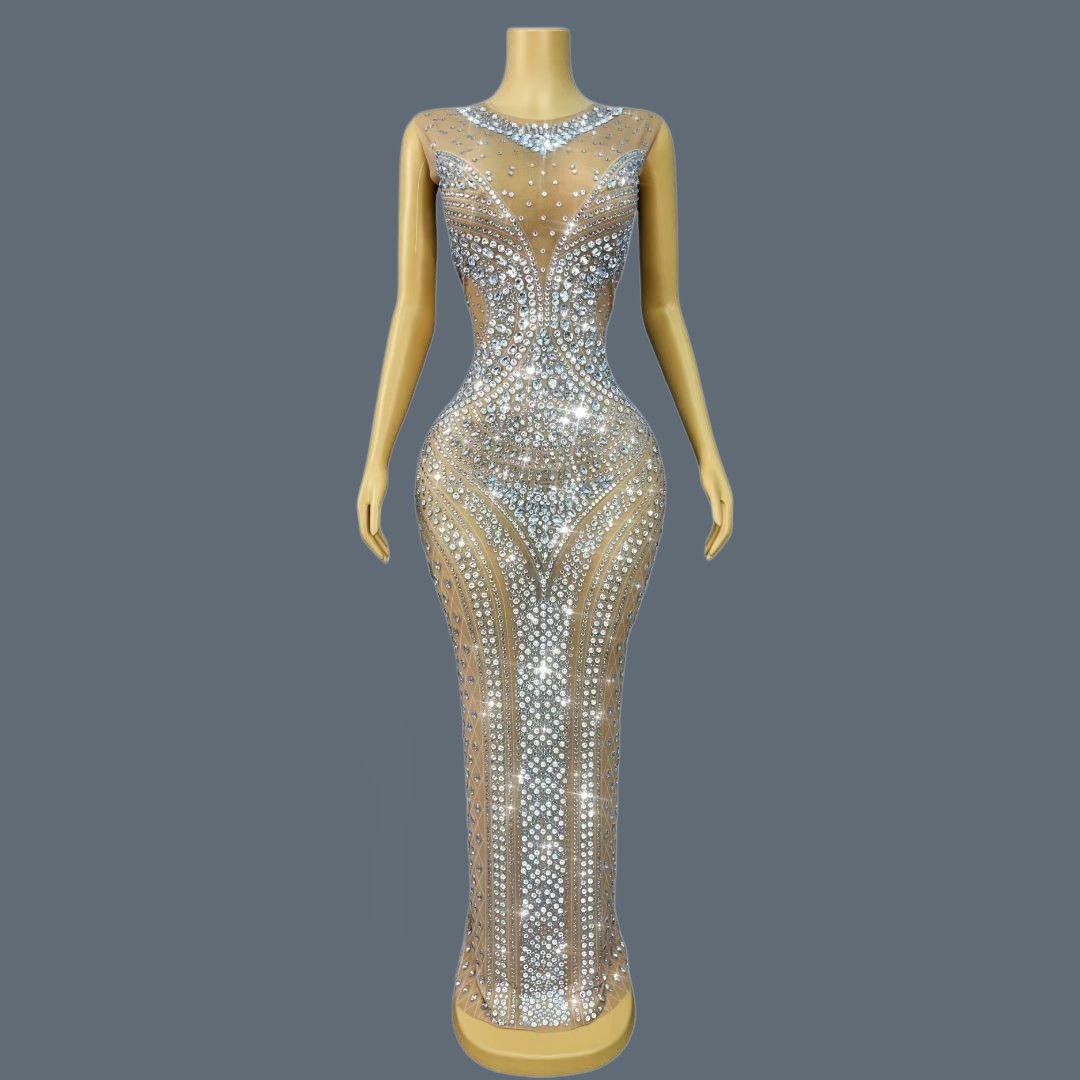Sparkly Rhinestone Club Party Dress - Kadınlar için Işıltılı Taşlı Kolsuz Abiye