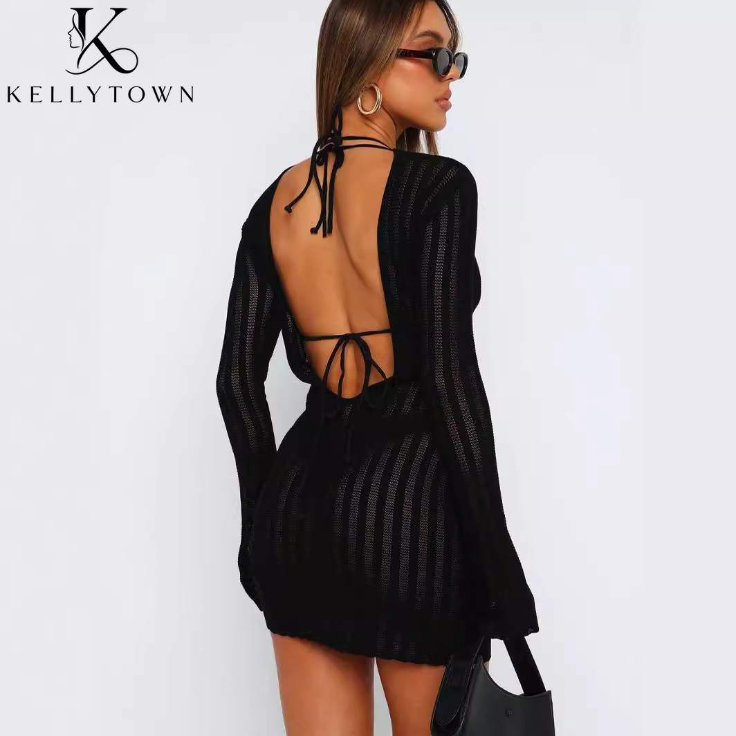 Bodycon Long Sleeve Ribbed Dress - Sırtı Açık Seksi Fitilli Mini Elbise