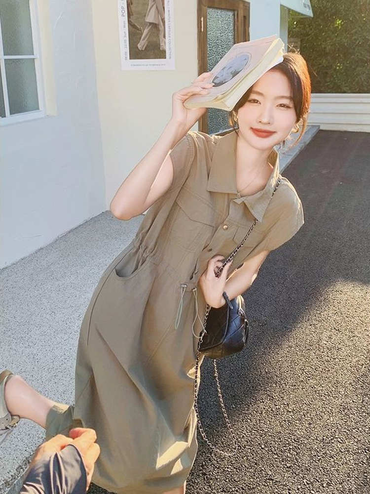 Korean Style A Line Shirt Dress - Zayıflatıcı Büyük Beden Kore Tarzı Günlük