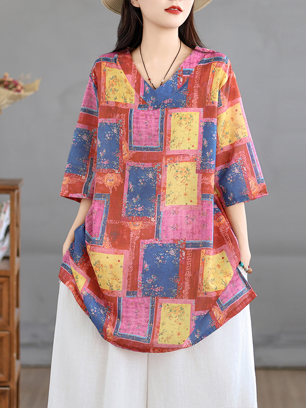 Casual Loose Linen Shirt Dress - Günlük Keten Baskılı Üst Vintage Bol