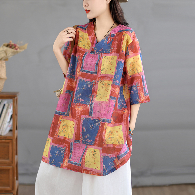 Casual Loose Linen Shirt Dress - Günlük Pamuklu Keten Baskılı Retro Gömlek