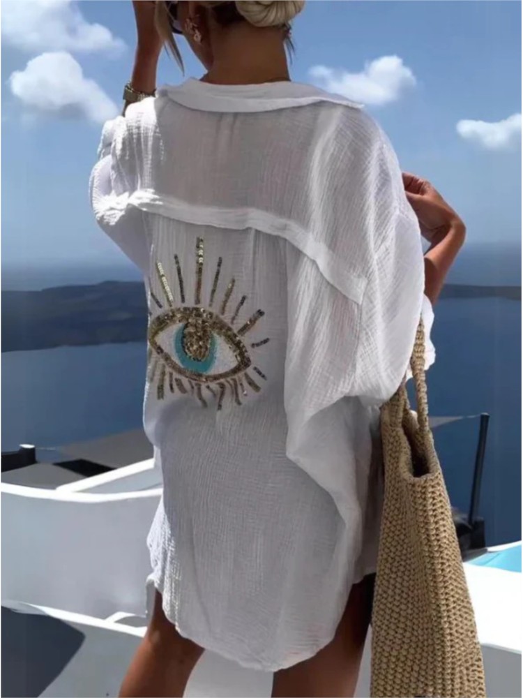Casual Loose Linen Shirt Dress - Yaz Rahat Payet Göz Gömlek Elbise