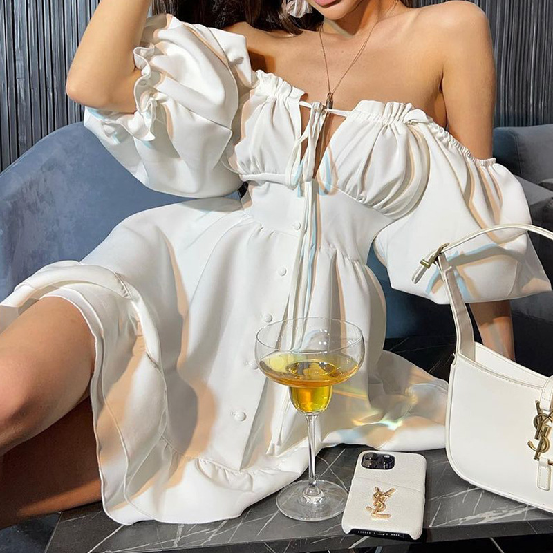 Off Shoulder Puff Sleeve Sundress - Kadınlar İçin Omuzları Açık Mini Elbiseler