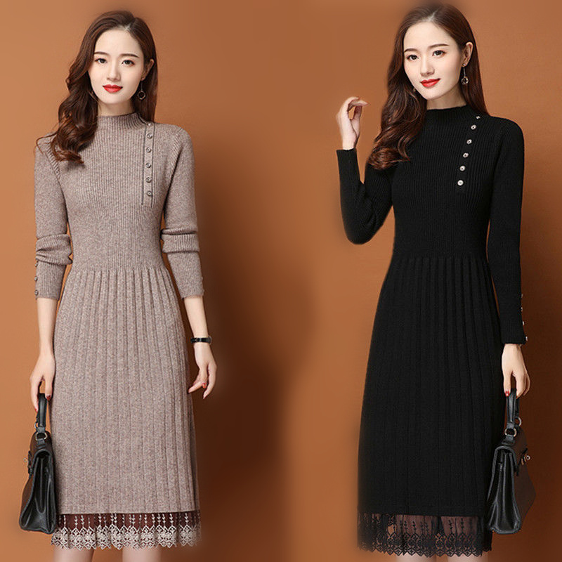 Bodycon Long Sleeve Ribbed Dress - Dantel etek düğmeler kadın sonbahar kış