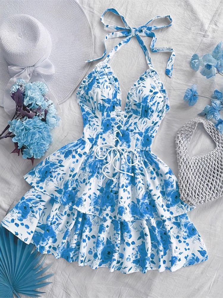 French Vintage Floral Midi Dress - Kadın Tatil Stili Retro Kısa Elbiseler