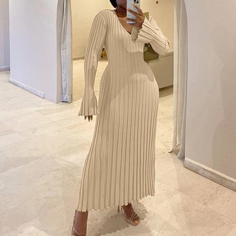 Bodycon Long Sleeve Ribbed Dress - Kadın Sonbahar V Yaka Örgü Etek