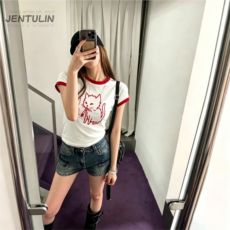 Y2K Graphic Baby Tee Crop - Kore Tarzı Y2K 90'lar Crop Top