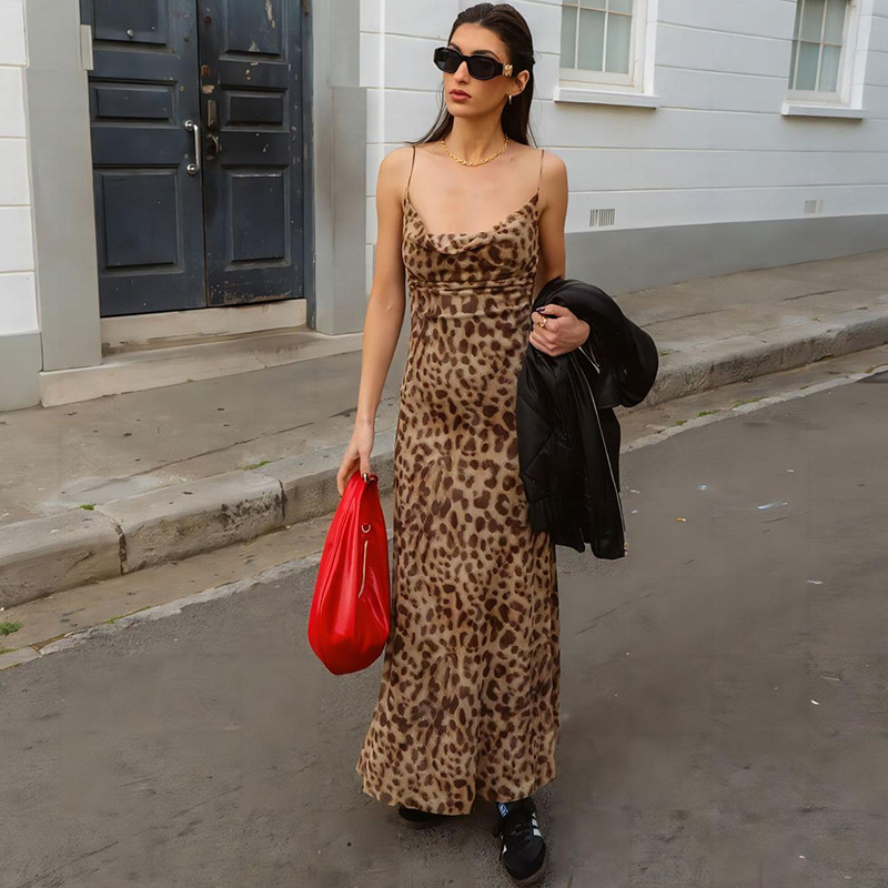 French Vintage Floral Midi Dress - Vintage Leopar Desenli Seksi Askılı Elbise