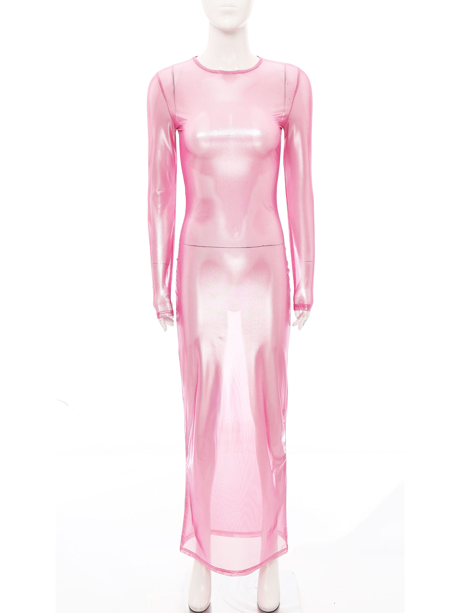 Sexy Mesh Sheer Bodycon Dress - Bayan Parlak Metalik Şeffaf Uzun Elbise