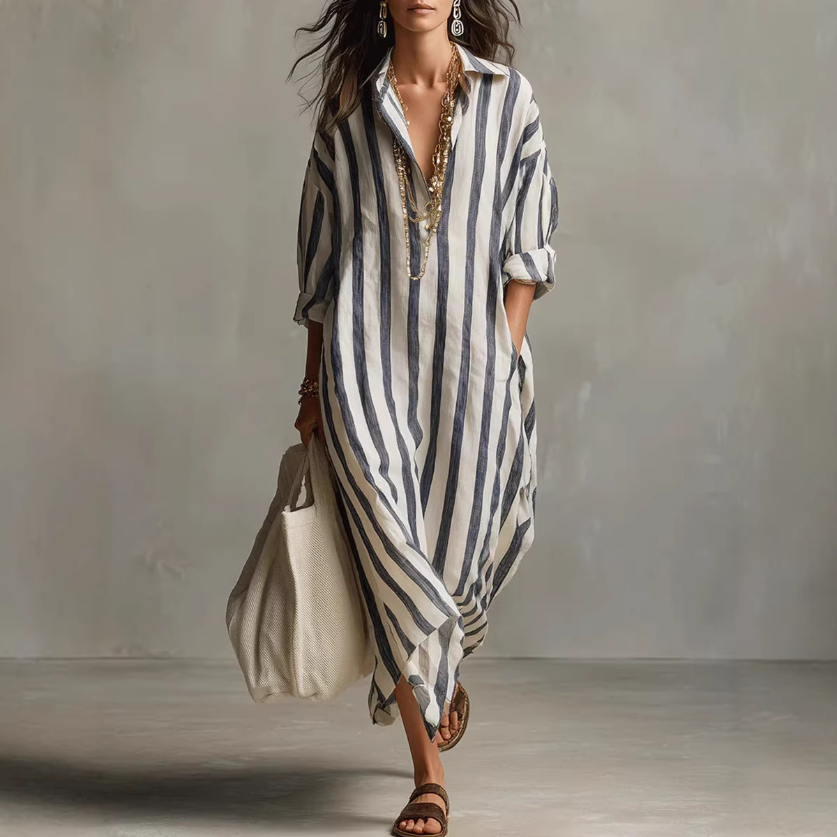 Casual Loose Linen Shirt Dress - Yazlık Şık Düşük Yaka Keten Çizgili
