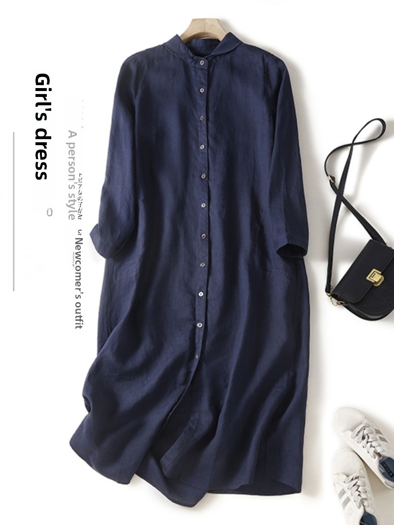 Casual Loose Linen Shirt Dress - Keten Pamuk Karışımı Uzun Kollu Günlük