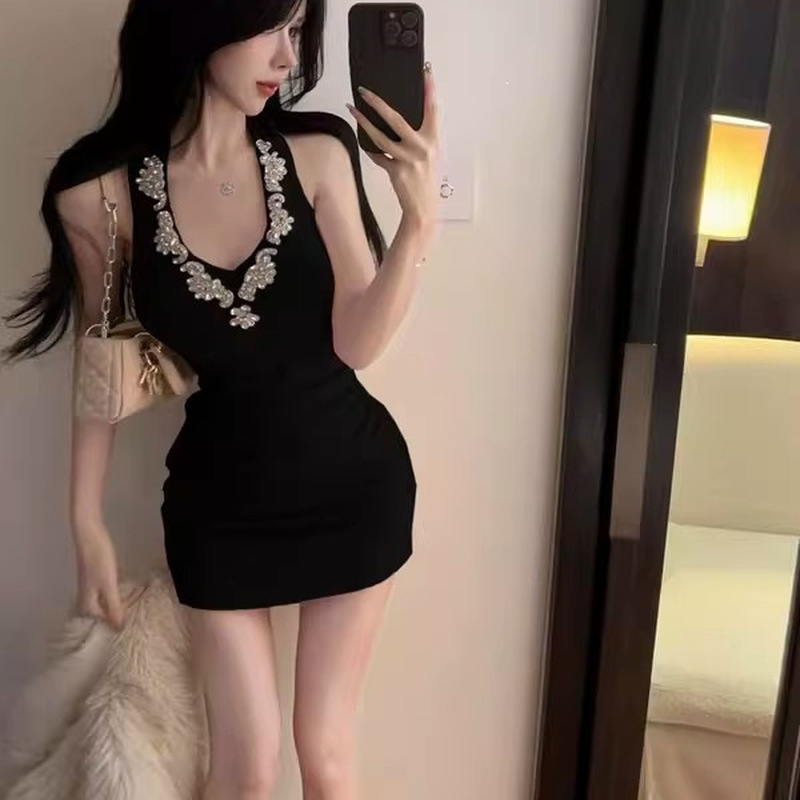Sparkly Rhinestone Club Party Dress - Seksi Siyah Tek Omuzlu Büzgülü V