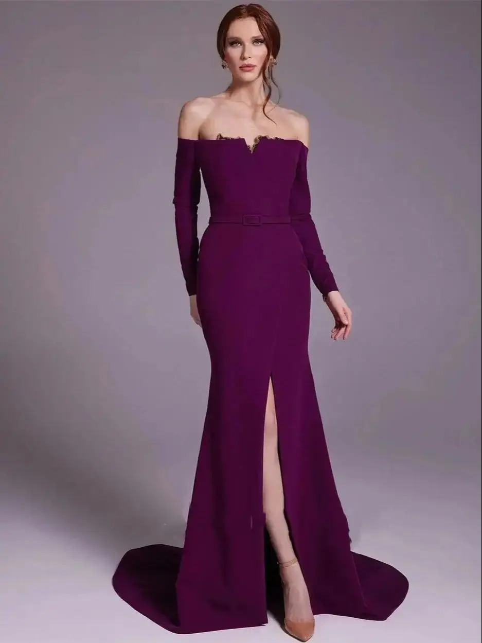 Elegant Satin Evening Gown Split - Zarif mor saten off-omuz kılıf kokteyl