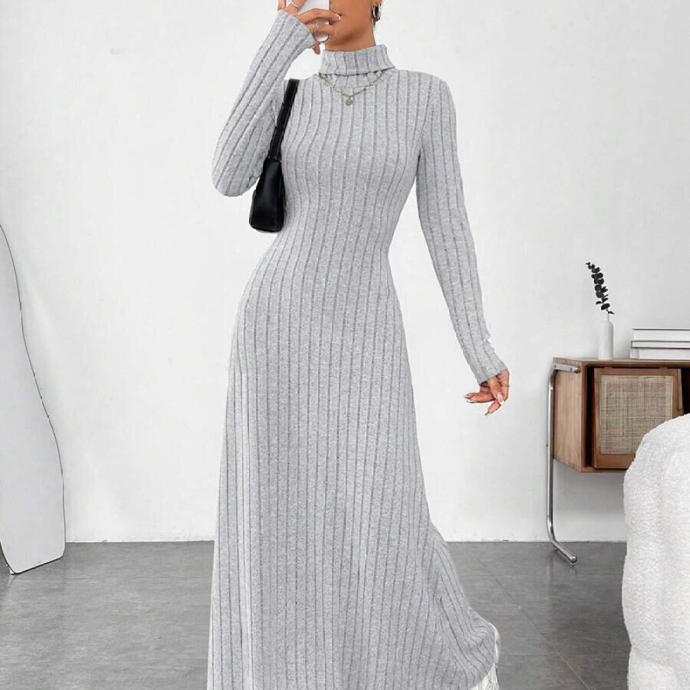 Şık Sonbahar Yüksek Yaka Uzun  - Bodycon Long Sleeve Ribbed Dress incelemesi ve fiyatı