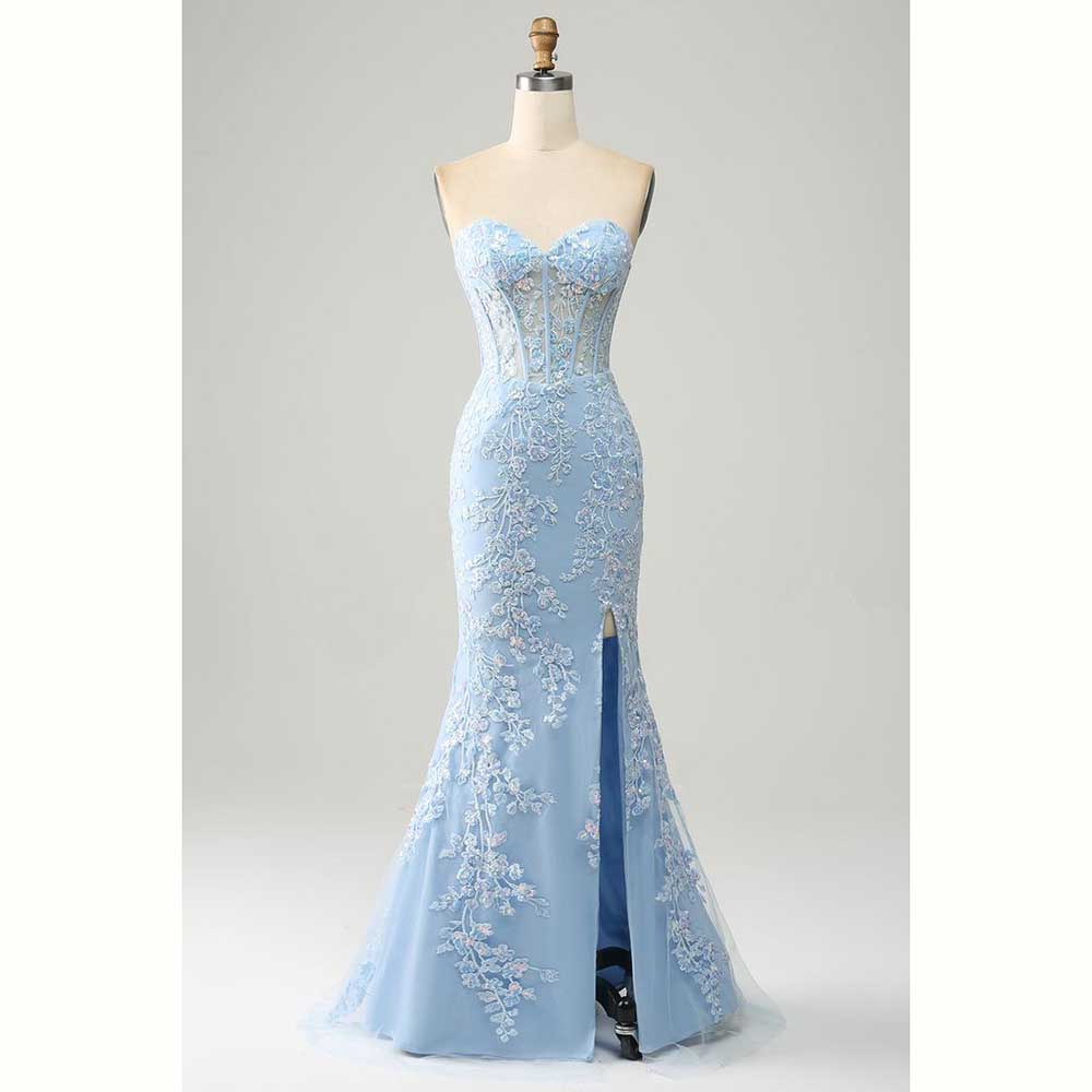 Zarif Açık Mavi Saten Kadın Ak - Elegant Satin Evening Gown Split incelemesi ve fiyatı