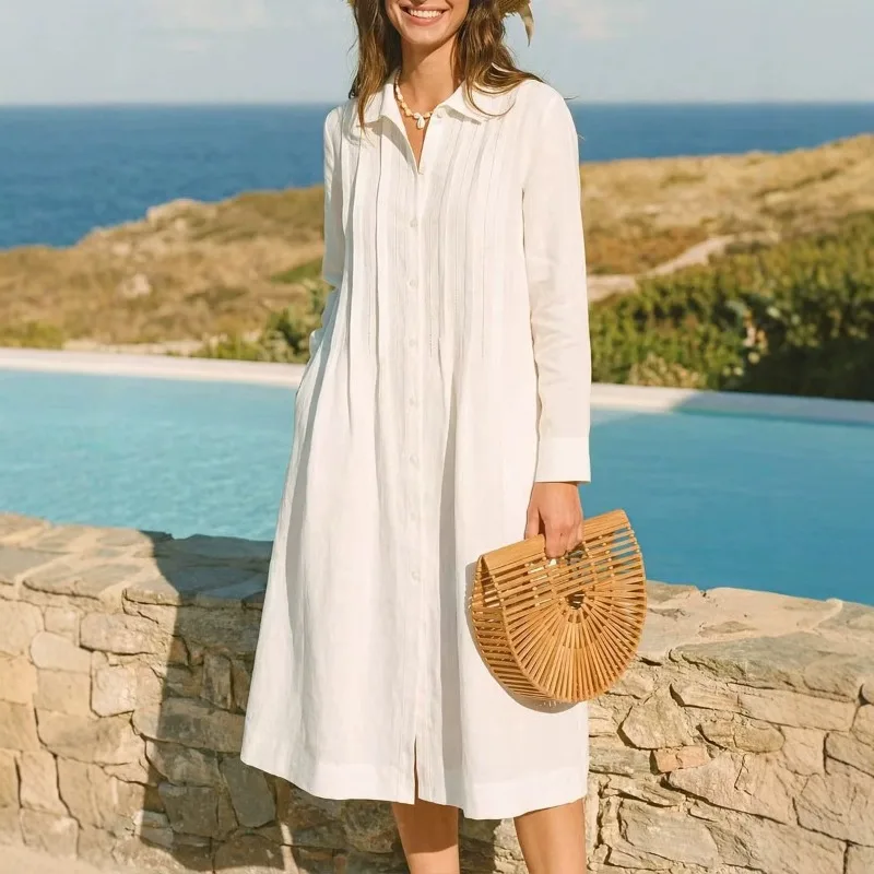 Avrupa Tarzı Uzun Elbise, Bol  - Casual Loose Linen Shirt Dress incelemesi ve fiyatı