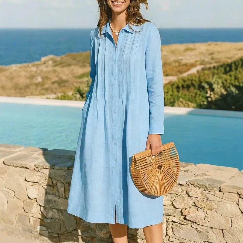 Avrupa Tarzı Uzun Elbise, Bol  - Casual Loose Linen Shirt Dress incelemesi ve fiyatı