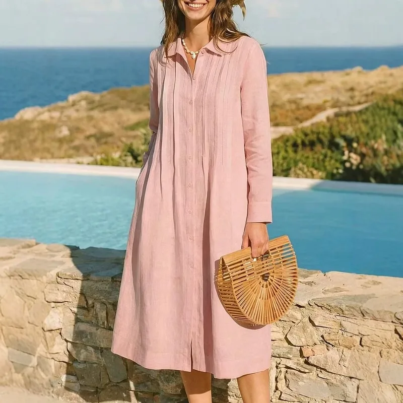 Avrupa Tarzı Uzun Elbise, Bol  - Casual Loose Linen Shirt Dress incelemesi ve fiyatı